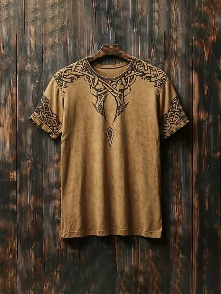 New Tribal Ethnic Rune-printed Men's Fashionable T-shirt Retro Style Outdoor Street Men's Loose-fitting Short-sleeved Shirt