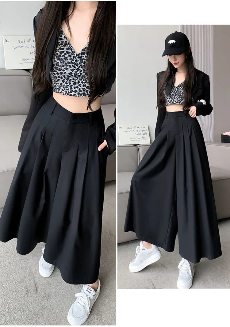 Oversize Wide Leg Pants For Women Gathered Waist Spliced Ruched Casual Solid Long Trousers Female Clothing Summer