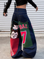 American Retro Alphanumeric Cartoon Printed Button-Down Design Cocoon Jeans, Y2K Street Hip-Hop Fashion Versatile Wide-Leg Pants For Women