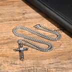 Punk Mens Cross Pendant Necklace,Silver Color Plain Cross Pendant Collar with Stainless Steel Box Chain,Exquisite Male Gift
