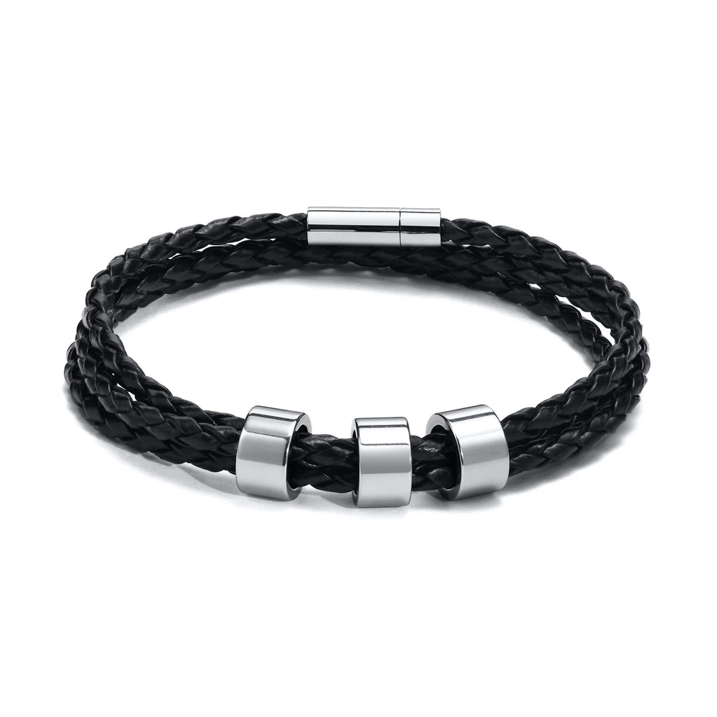 Custom 1-7 Names Multi Layer Leather Bracelet for Men,Stainless Steel Beads Handmade Braided Wristband,Gift for Father Dad
