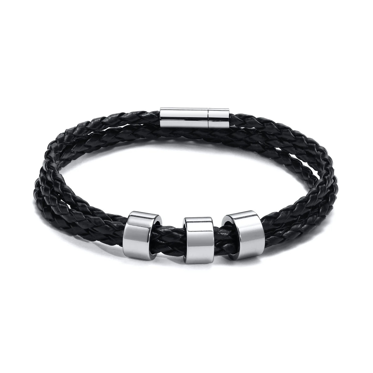 Custom 1-7 Names Multi Layer Leather Bracelet for Men,Stainless Steel Beads Handmade Braided Wristband,Gift for Father Dad
