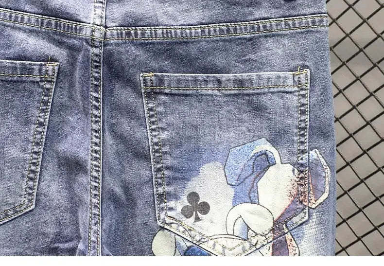 Spring and Autumn 2025 Elastic Slim Small Foot Jeans Men's Korean Trendy Versatile Luxury Clothing Trendy Graffiti Printed Pants