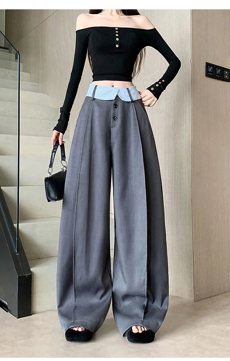 Suit wide leg pants women's autumn and winter striped patchwork high waisted casual fashion versatile straight leg pants
