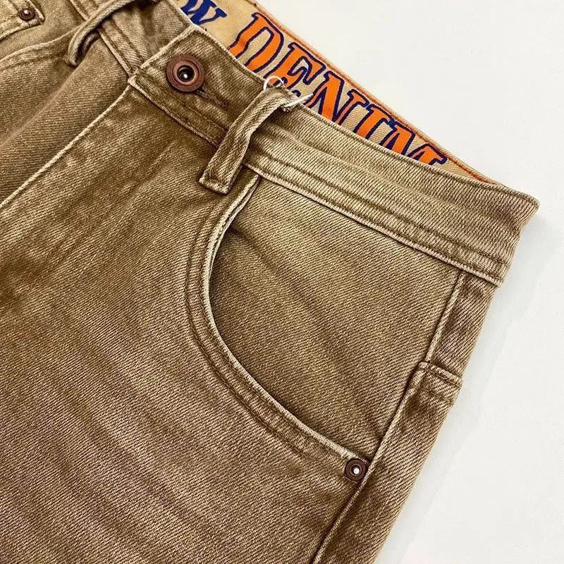 High-end 2026 Luxury Brand Clothes Khaki Jeans Men's Light Luxury Washed Casual Elastic Slim Small Feet Embroidered Long Pants