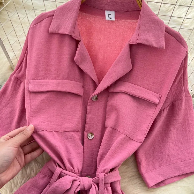 Fashionable casual lapel collar short sleeved cinched waist jumpsuit women's summer new solid color wide leg long pants