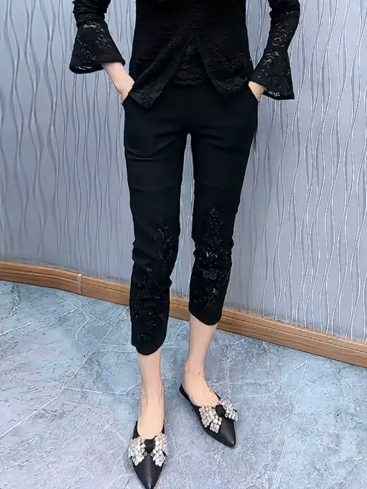 European Heavy Industry sequin bead design fashioneight point cigarette tube pants women's elastic high waist slim casual pants