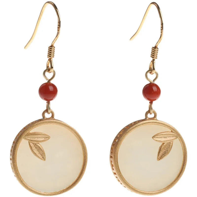 VENTFILLE Hetian Jade Ear Hook Earring Women's High-end Temperament Ethnic Style Retro Earrings Cloisonne Craft Dangler Gift
