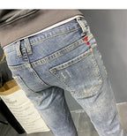 Summer light color jeans men's retro fashion brand embroidery slim fit small feet Korean fashion casual thin nine point pants