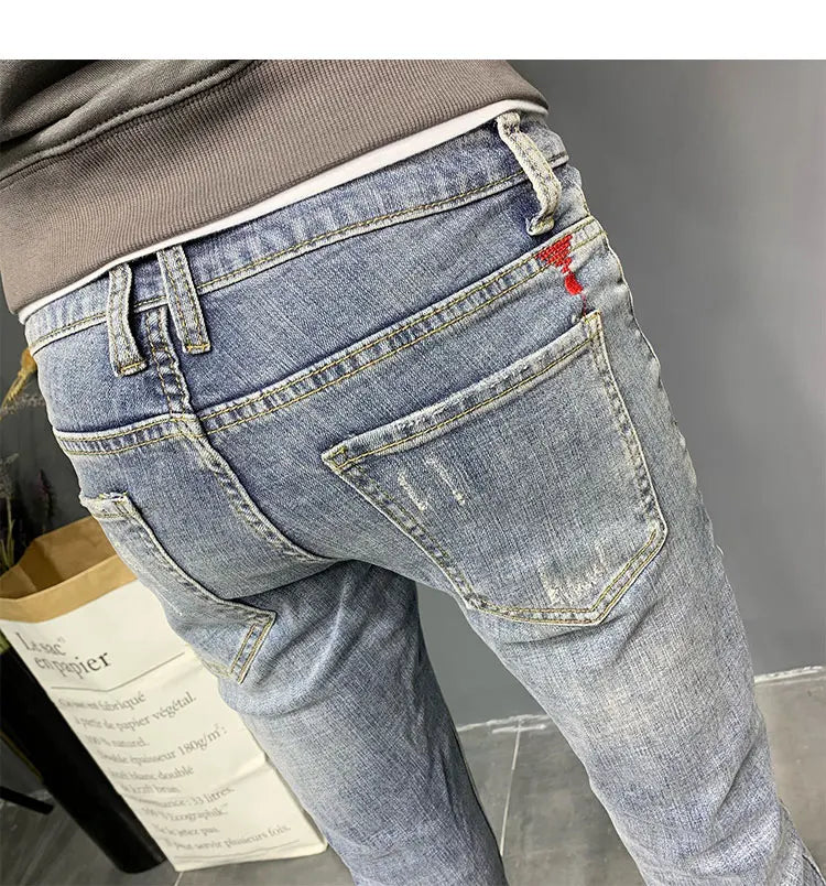 Summer light color jeans men's retro fashion brand embroidery slim fit small feet Korean fashion casual thin nine point pants
