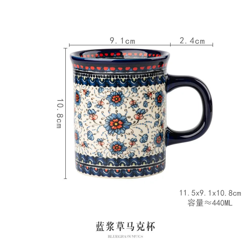 Bohemian Handmade Floral Ceramic Coffee Mug, Retro Pattern Porcelain Cup, Aesthetic Tea Mug for Latte, Cute Drinkware Gift
