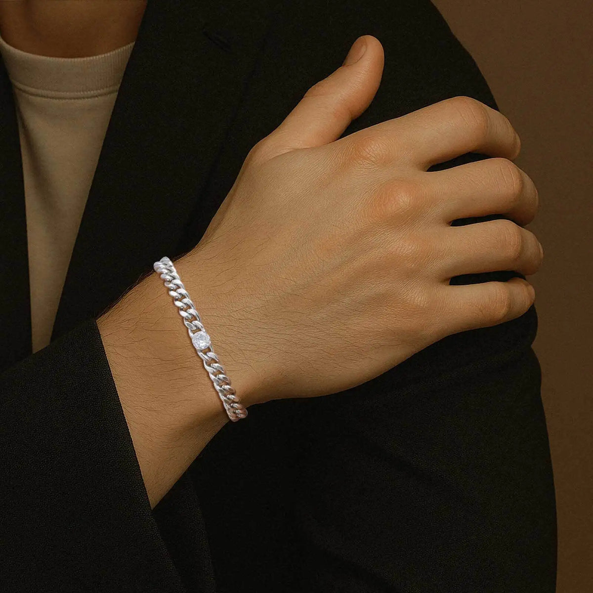 White Zircon Cuban Bracelet for Men Boys,16-21CM Never Fade Curb Chain Links Wristband,Hip Hop Cool Simple Jewelry Gift