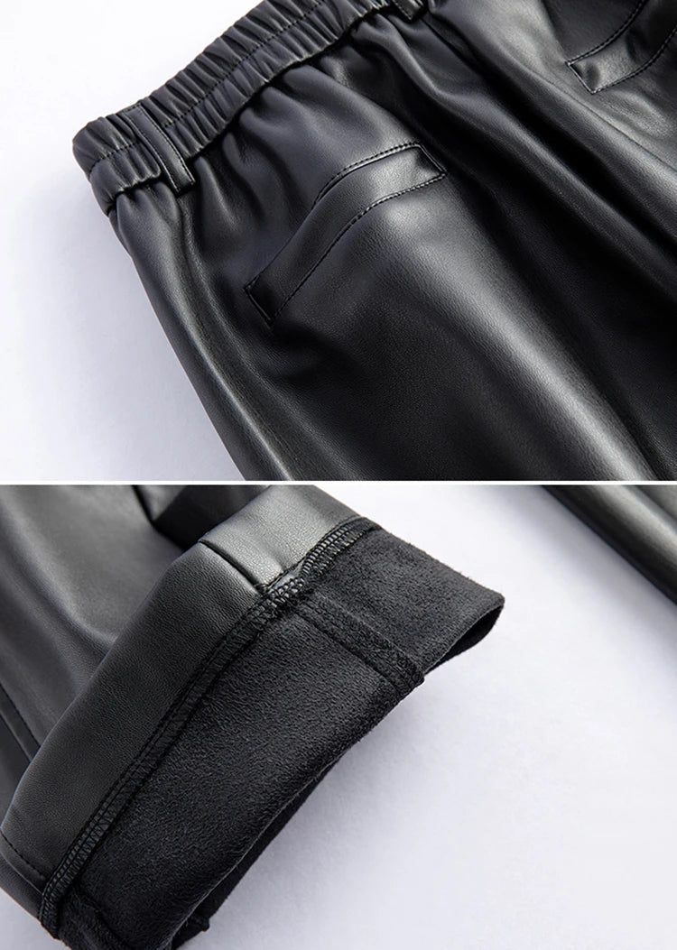 2025 autumn and winter new style leather pants elastic high waisted slim fit commute straight leg pants for women