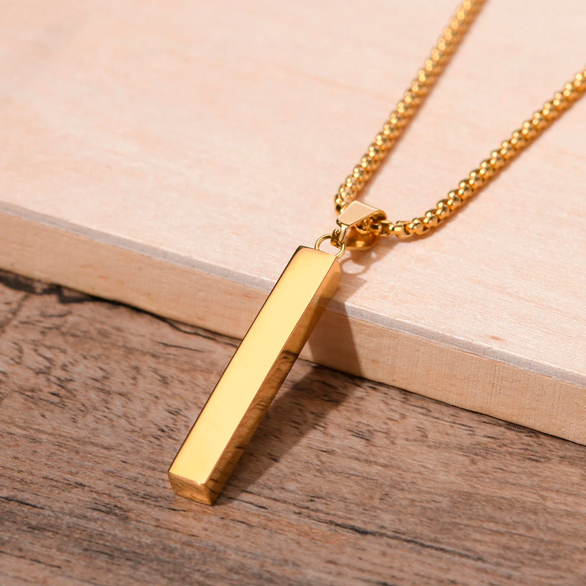 Waterproof 3D Vertical Bar Necklaces for Men,Minimalist Stainless Steel Geometric Pendant with Box Chain,Male Collar Jewelry
