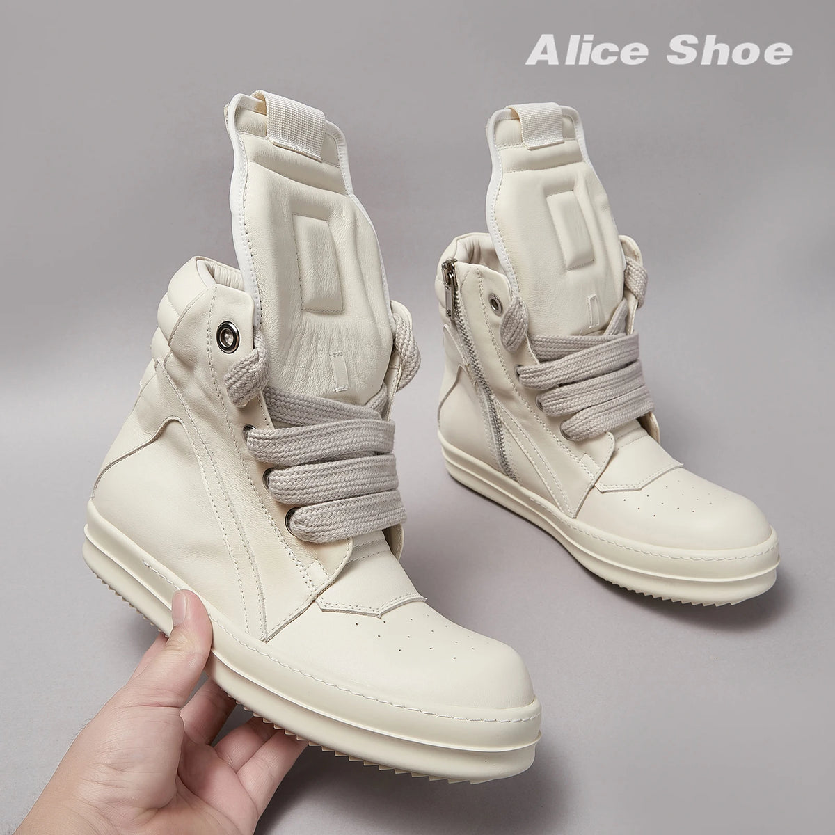 PENDRA White Geobasket White Leather High-Top Zip Thick-Sole Ankle Boots