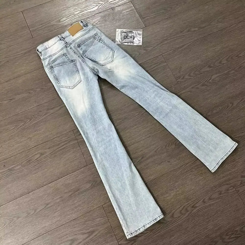 Man Jeans Designer Menswear Clothing Luxury Washed Light Blue Cat Whisker Slim Elastic Jeans Men's Thin Straight Scimitar Pants