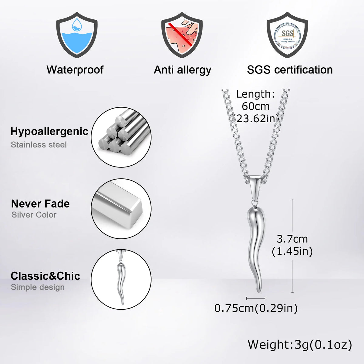 ITALIAN HORN Necklace , Stainless Steel Italian Cornicello Charm Pendant Necklaces, Unisex Men and Women Jewelry