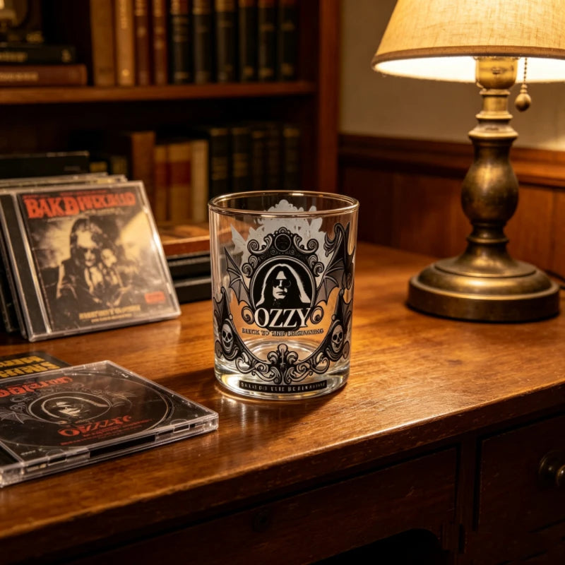 Gothic Skull Bat Whiskey Glass, Ozzy Inspired Gold Rim Cocktail Glass