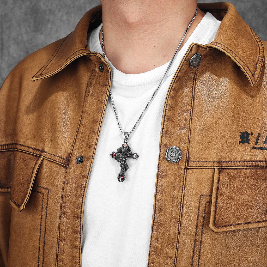 PENDRA Skull Dragon Cross Steel Necklace