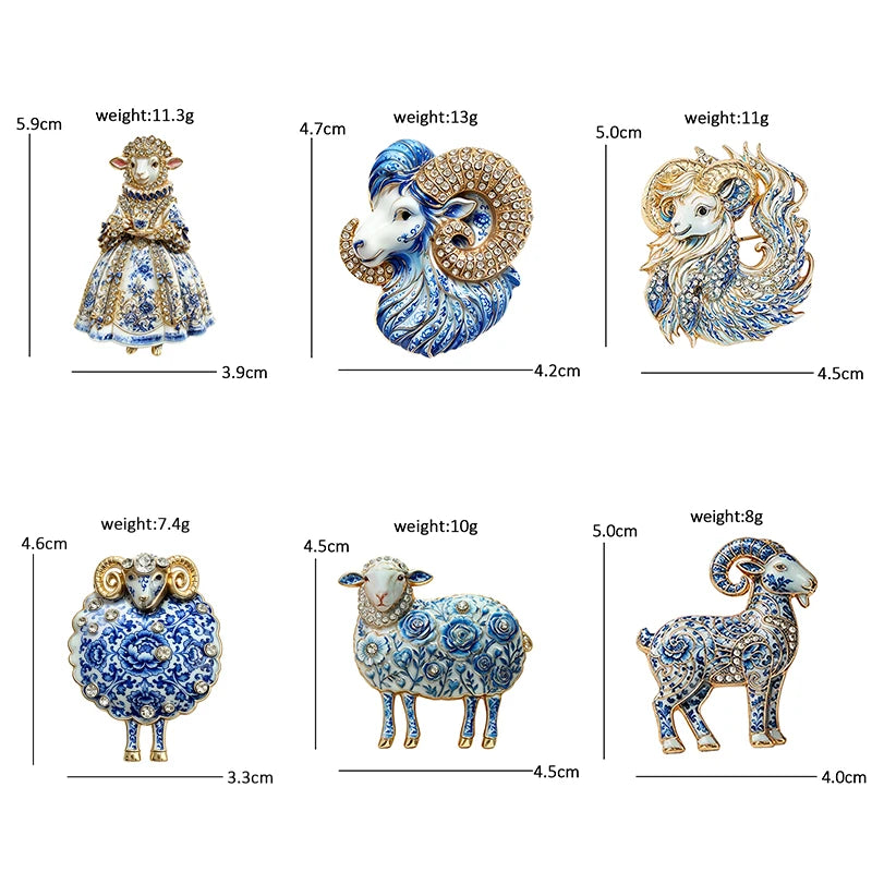 PENDRA Porcelaine Blue-White Goat Brooch