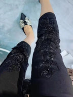 European Heavy Industry sequin bead design fashioneight point cigarette tube pants women's elastic high waist slim casual pants