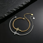 Stylish Men's Cross Bracelet,High Quality Stainless Steel Box Chain with Black CZ, Adjustable Hip Hop Faith Jewelry Gift