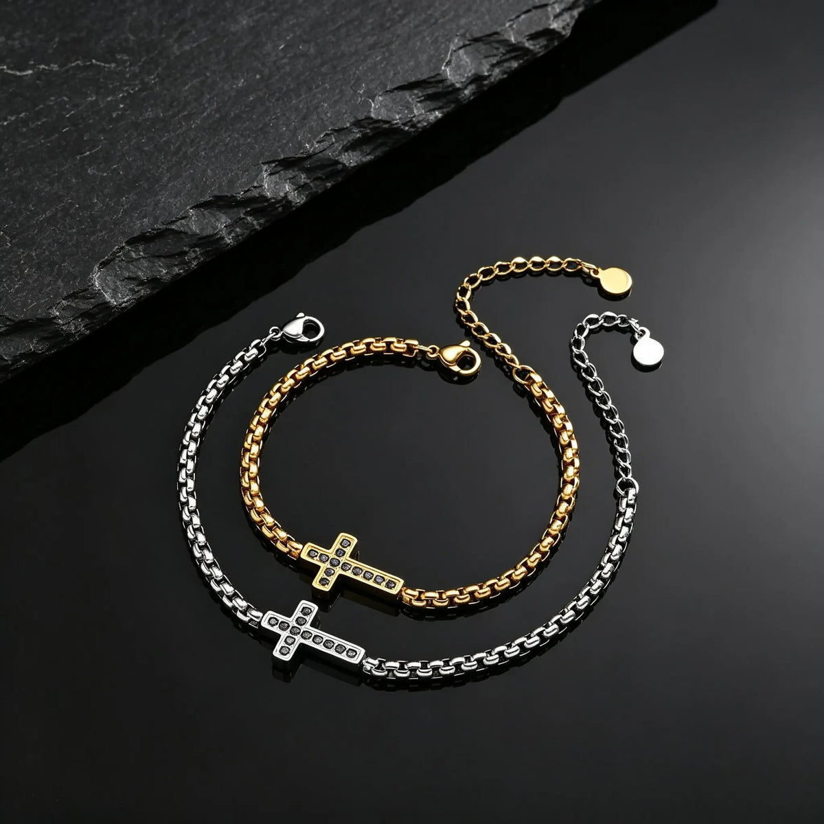 Stylish Men's Cross Bracelet,High Quality Stainless Steel Box Chain with Black CZ, Adjustable Hip Hop Faith Jewelry Gift