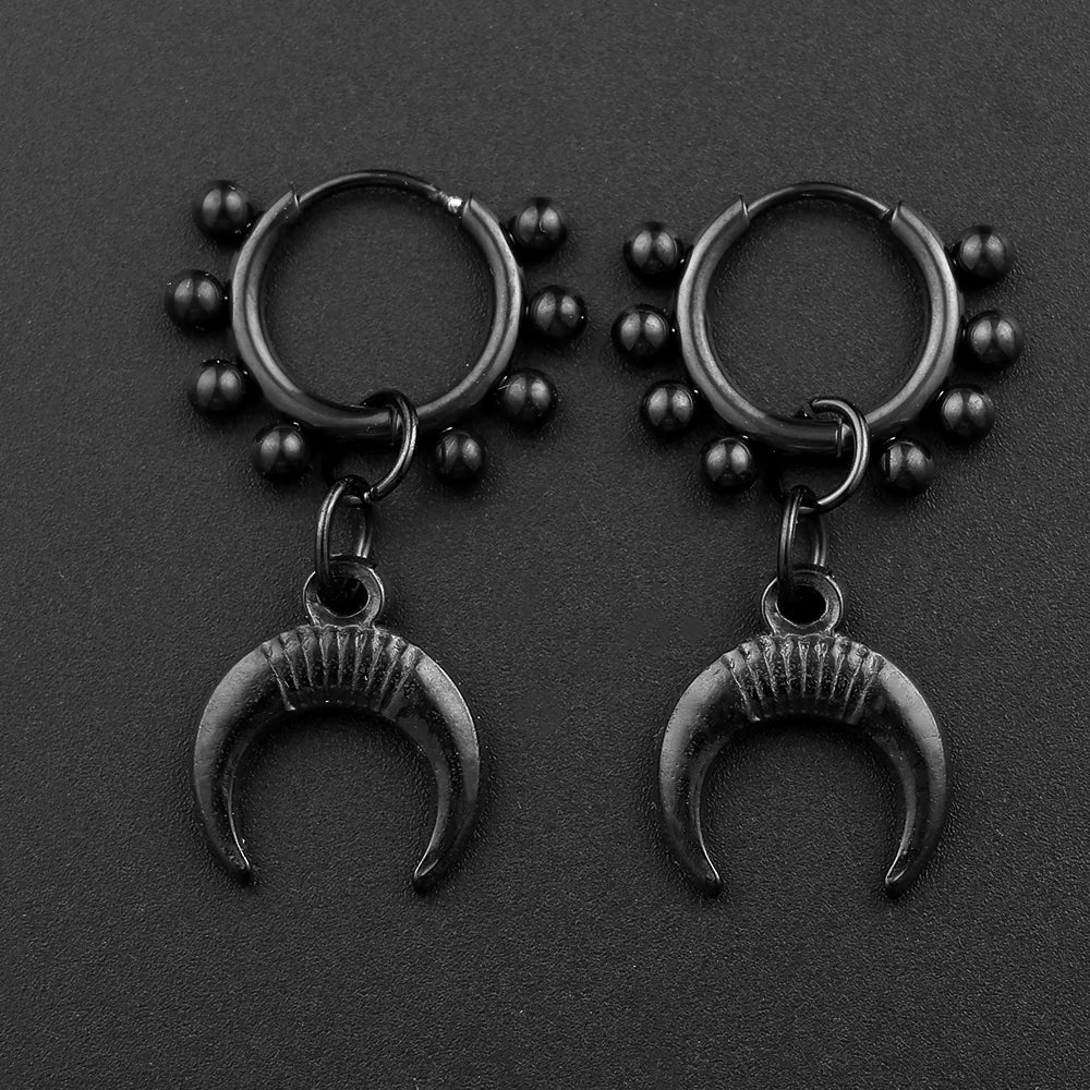 Punk Black Moon Star Hoop Earrings Gothic Crescent Dangle Stainless Steel Beaded Drop Earrings Men Women Hip Hop Jewelry Gifts