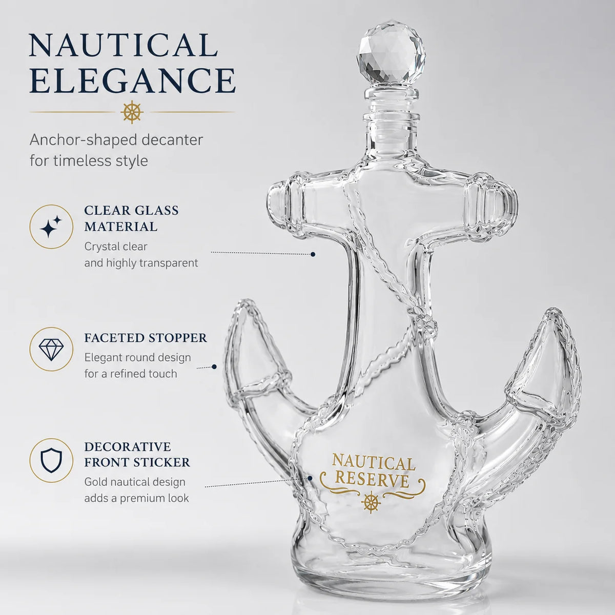 Creative Anchor Shape Glass Spirits Decanter 350ml Whiskey Storage Bottle with Gold Nautical Sticker for Bar Decor Gift