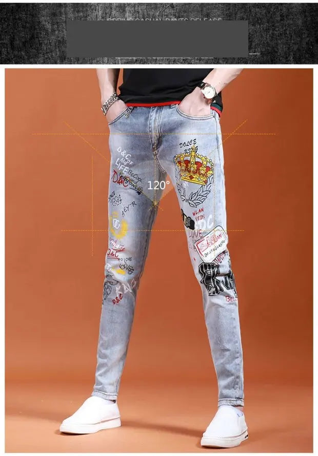 Spring Summer White Hot Drill Ripped Cowboy Korean Style Streetwear Men Washed Luxury Holes Slim Hip-hop Stylish Jeans Trousers