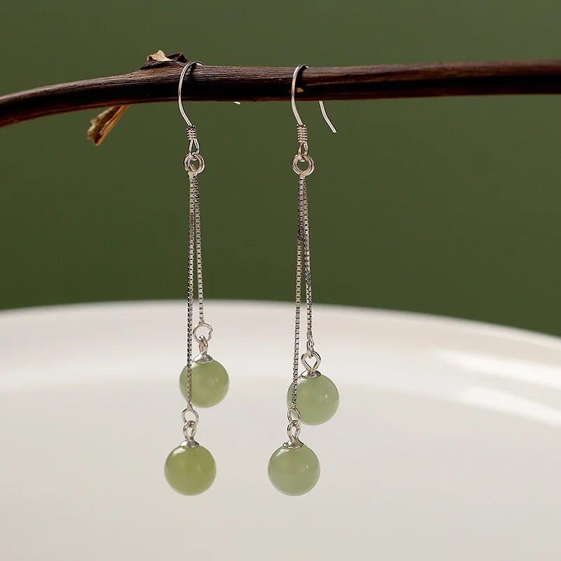 VENTFILLE Hetian Jade Ear Hook Earring Women's High-end Temperament Ethnic Style Retro Earrings Cloisonne Craft Dangler Gift