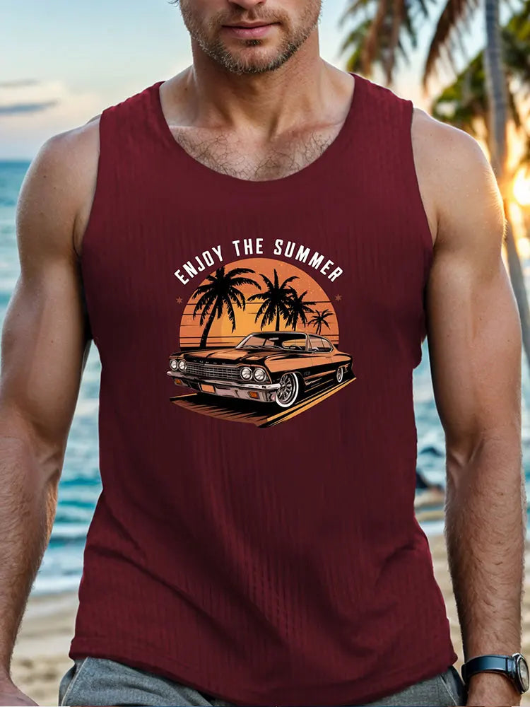 PENDRA Beach Hawaiian Tank Vintage Car Print Sleeveless Tank Top
