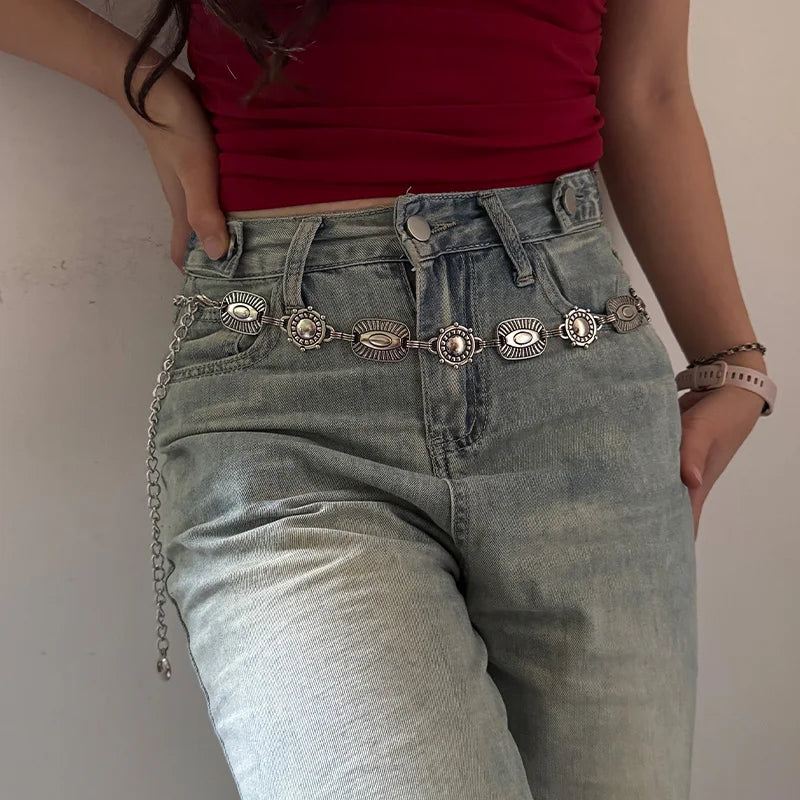 Western Cowboy Punk Women's Waist Chain Vintage Style High Quality Luxury Designer Golden Metal Belt Female Fashion Body Jewelry