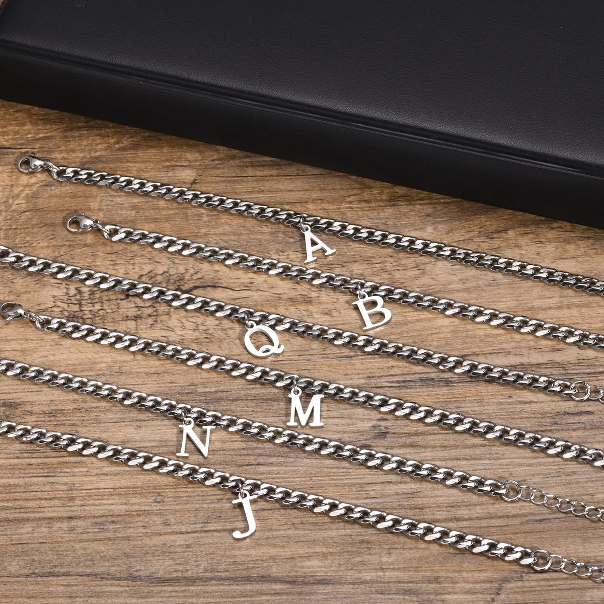 Mens Initials Cuban Links Bracelets,Stainless Steel A-Z 26 Letters Alphabet Charm Chain Wristband Adjustable,Casual Jewelry Gift