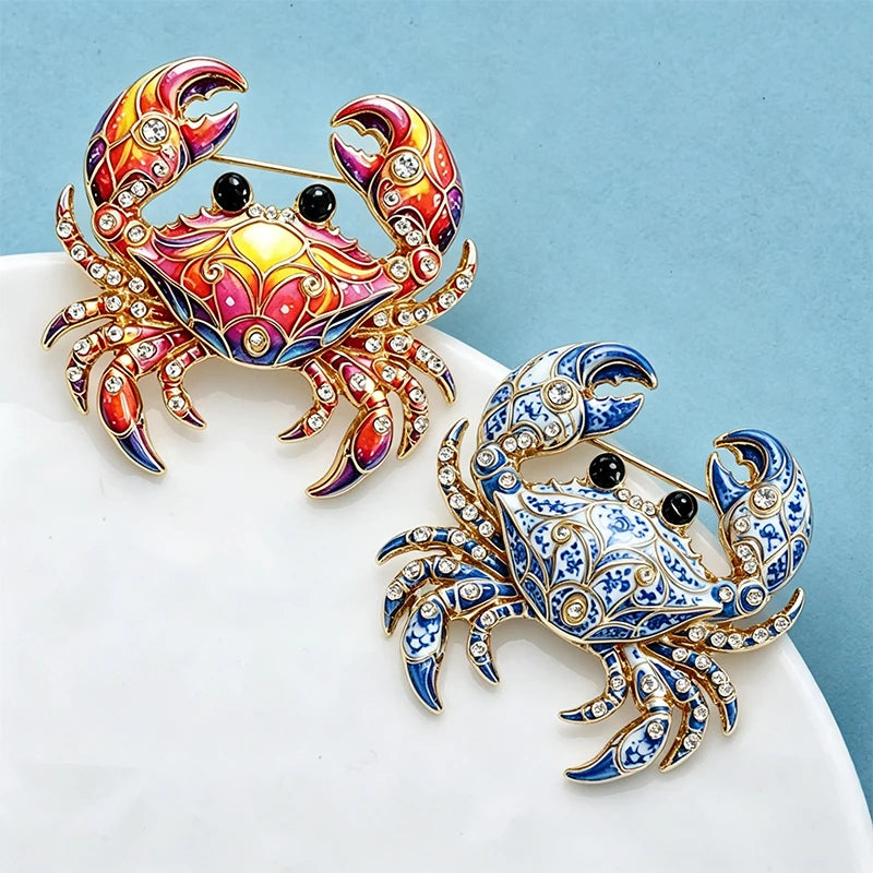 Wuli&baby Cute Crab Brooches For Women Unisex 2-color Blue and White Porcelain Cancer Zodiac Sign Animal Party Casual Brooch Pin