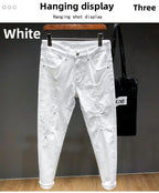 Spring New Ripped Jeans Men's Slim-fitting Elastic Simple Solid Casual Trousers Trendy Men's Trousers White Denim Jeans Hombre