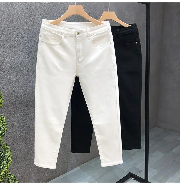 High-Quality Korean Street Men's Slim Jeans for Spring and Autumn with Denim Fabric and Casual Solid White Black Punk Trousers