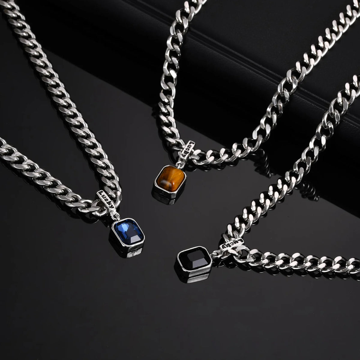 Hiphop Chunky Cuban Chain Necklace for Men Boys,Stainless Steel Lucky Words Square Stone Pendant Collar,Trendy Birthday Gift