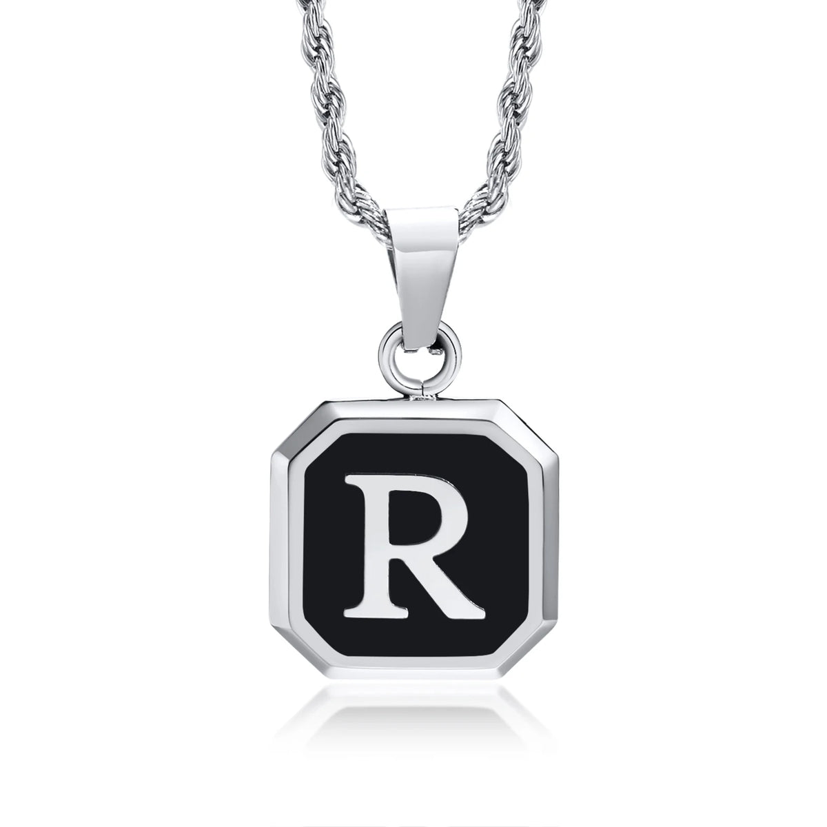 Initials Necklaces for Men Women,A-Z 26 Letters Black Square Stainless Steel Pendant Collar,45-60CM Twisted Rope Chain Gifts