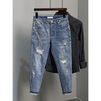 Casual Spring and Autumn Slim Denim Pencil Pants Men's Jean 2024 New Broken Hole Slim Fit Beggar Design High Street Washed Jeans