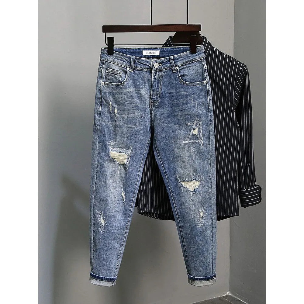 Casual Spring and Autumn Slim Denim Pencil Pants Men's Jean 2024 New Broken Hole Slim Fit Beggar Design High Street Washed Jeans