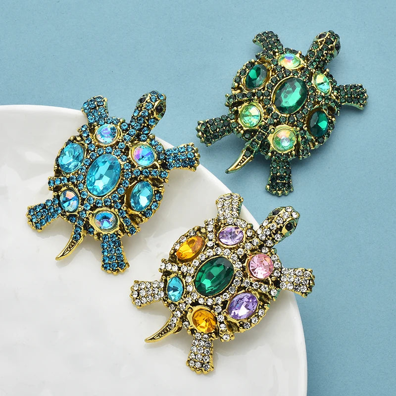 Wuli&baby Vintage Rhinestone Turtle Brooches For Women Men 3-color Swimming Sea Animal Party Casual Brooch Pins Gifts