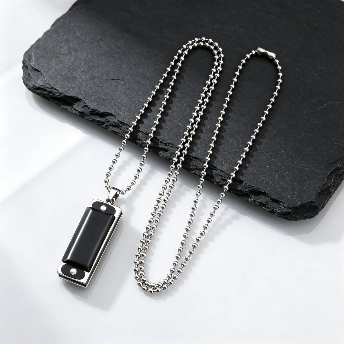 Playable Mini Harmonica Necklace for Men,Rectangular Pendant with Stainless Steel Ball Chain,Punk Music Lover Jewelry Gift