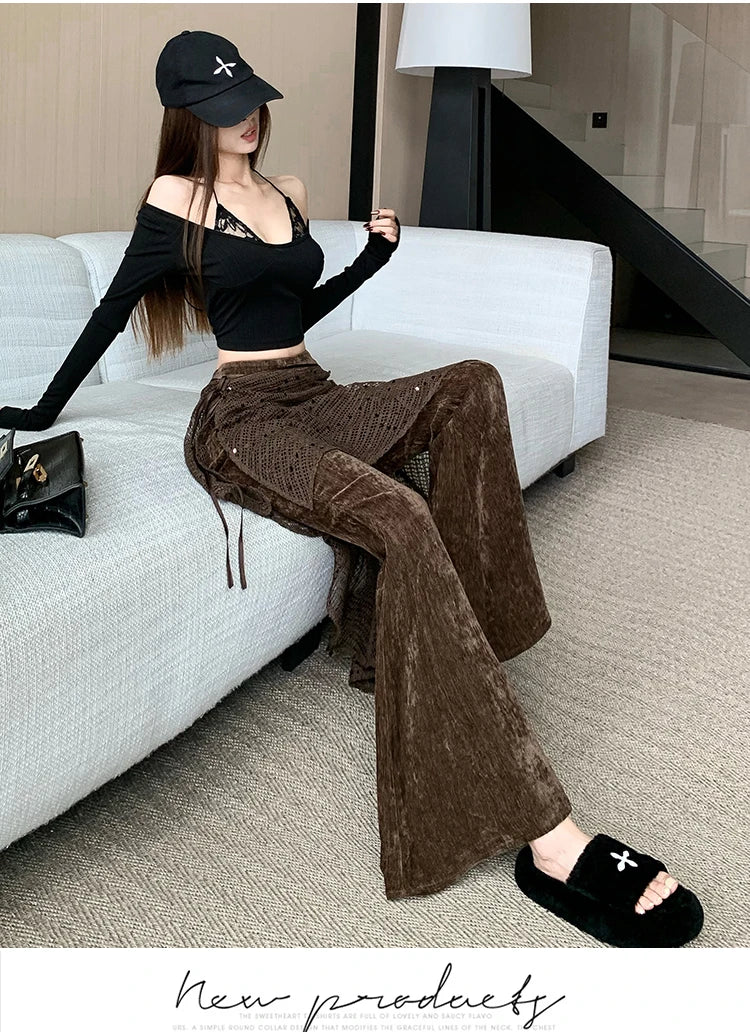 Women's autumn and winter sequin fart curtain fake two high waisted slimming and floor dragging casual flared pants