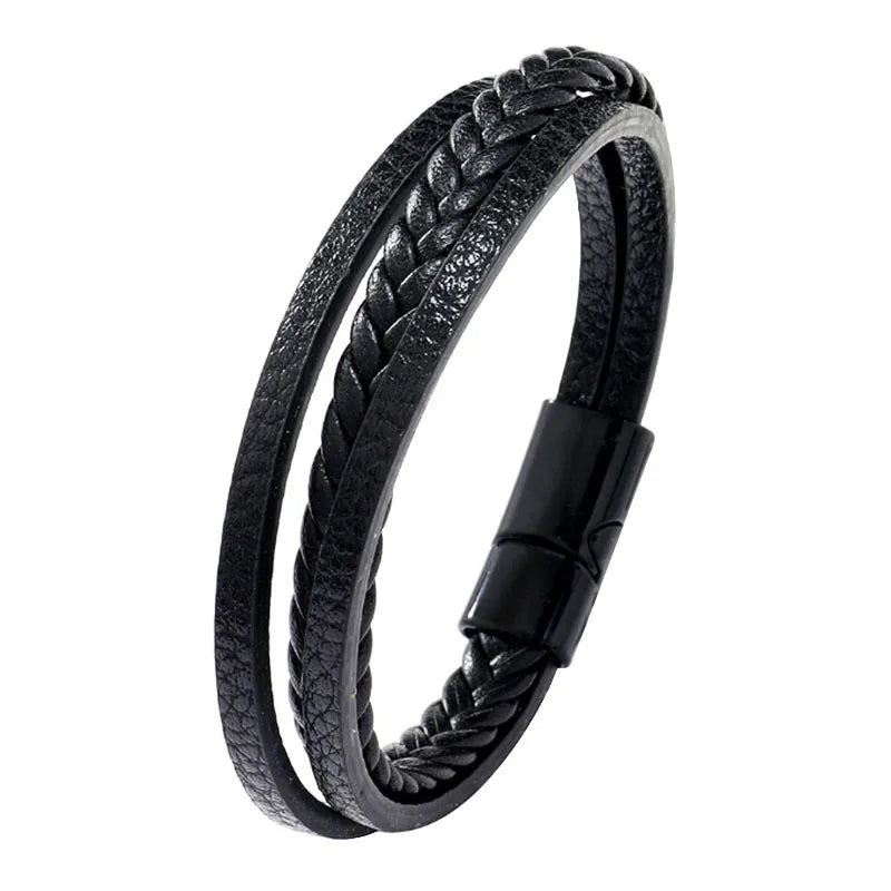 Black Multi Layers Leather Bracelet for Men,Metal Tube Charm Handmade Braided Rope Leather Bracelet,Gift for Husband Dad Son