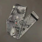 High-end Hot Diamond Jeans Men's Spring and Autumn Tide Brand Slim-fitting Small Feet Tiger Print Gray Casual Men Trousers Man