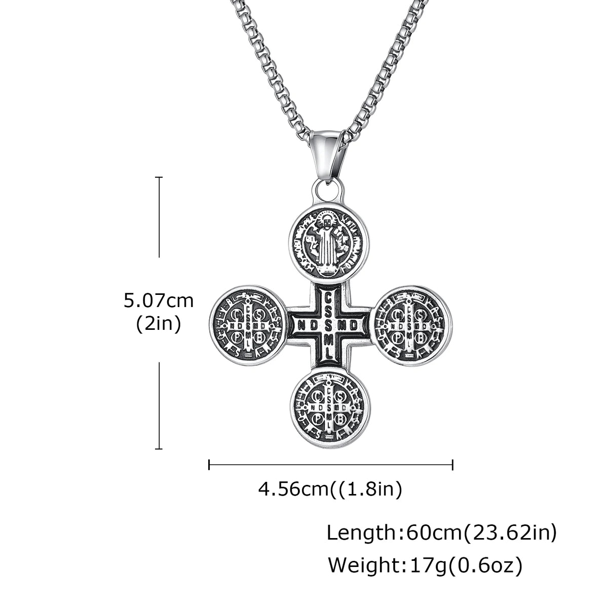 Saint Benedict Pendant Necklace for Men,Stainless Steel Religious Cross Pendant Necklace,Faith Prayer Jewelry