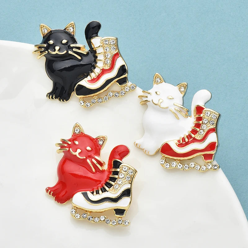 Wuli&baby Cat And Ice-skate Shoes Brooches For Women Unisex 3-color Enamel Winter Skating Shoe New Year Brooch Pins Gifts