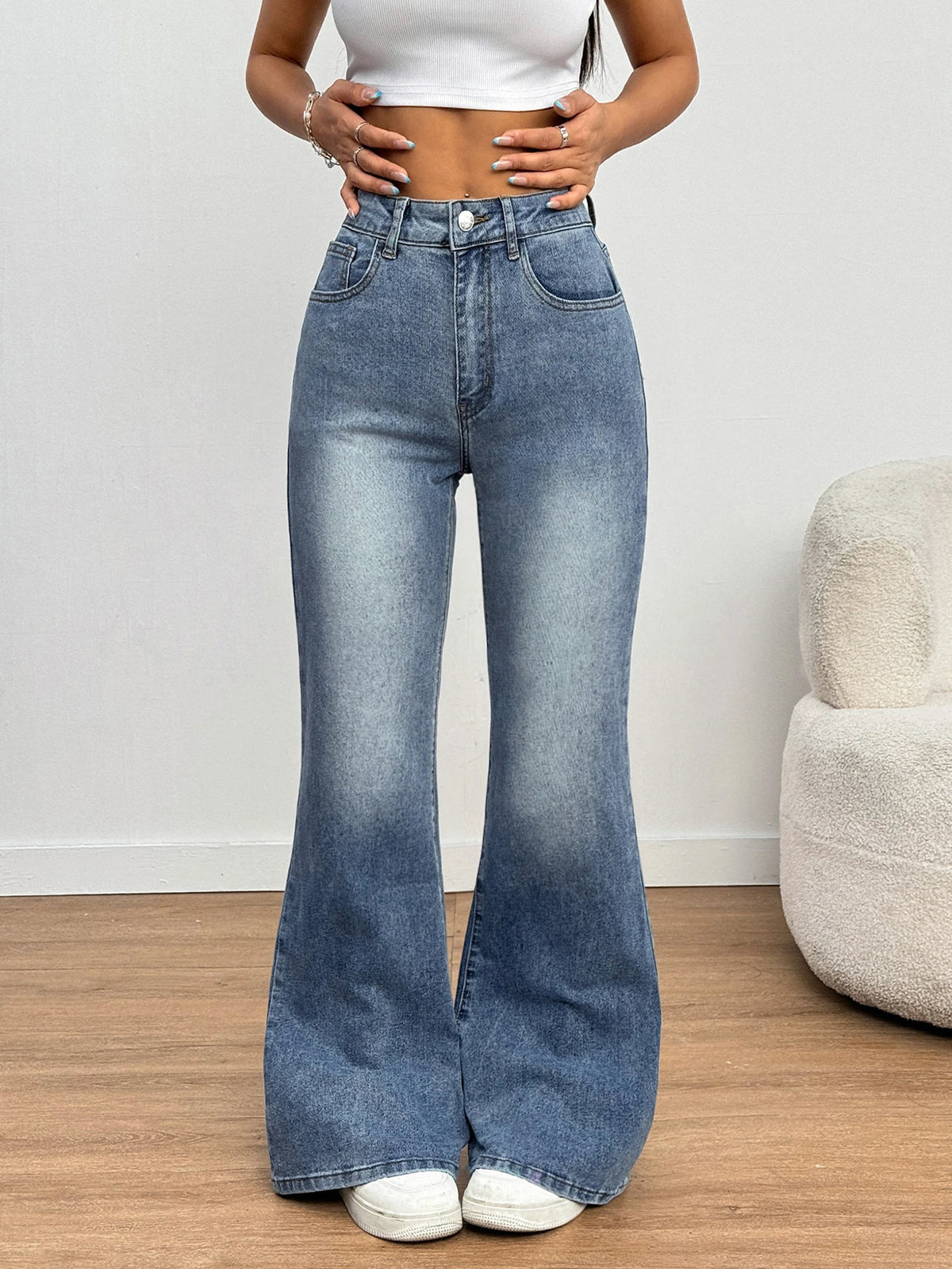 Women's High Street Fashion High-Waist Stretch Slim Fit Flared Pants, Simple and Versatile, Blue Long Pants