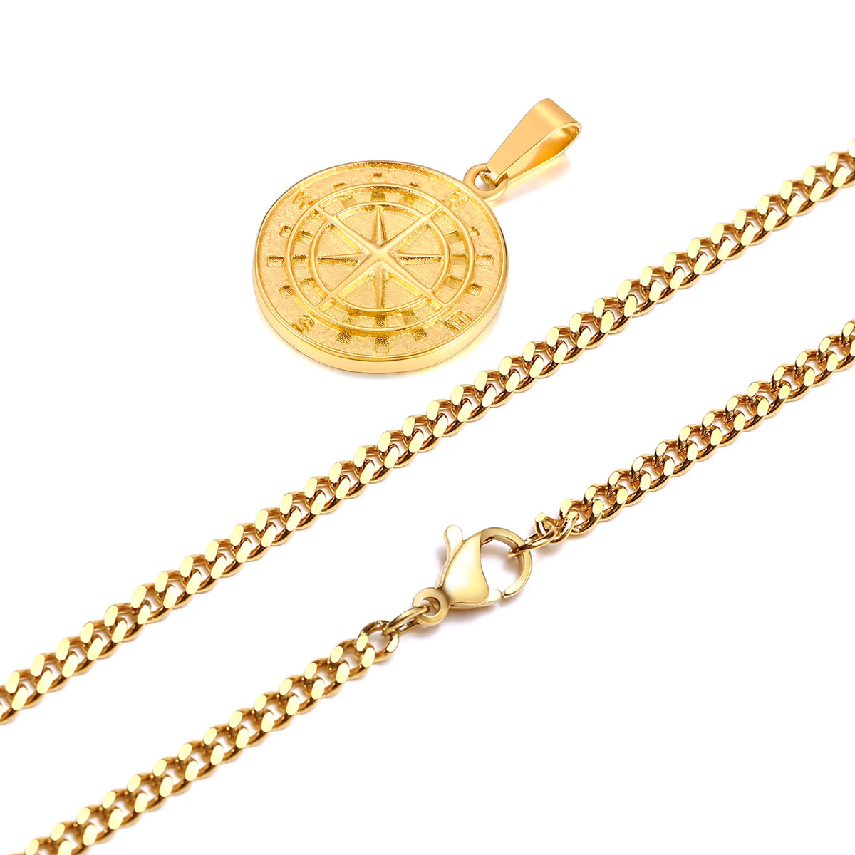 Men Retro Silver Color Seeker Compass Necklaces, Rock Punk Vintage Metal Stainless Steel Round Coin Pendant Collar Gift Jewelry